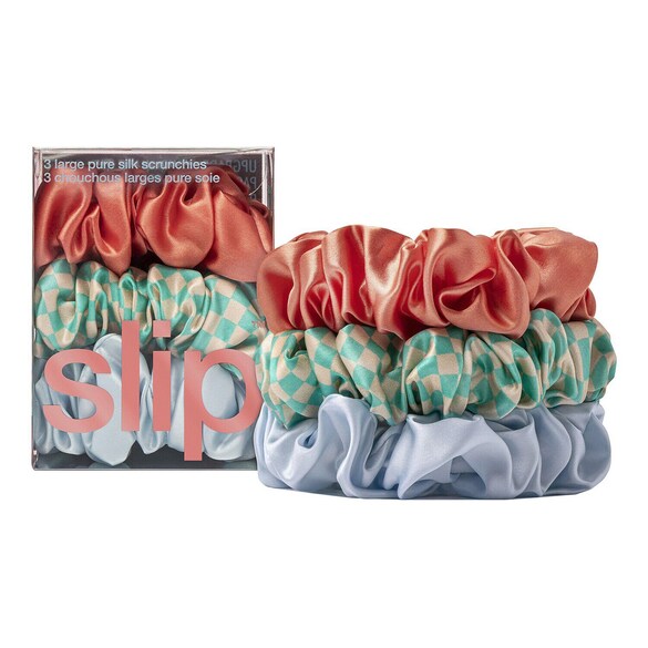 3 pure silk skinny scrunchies - hårelastikker i fin, ren silke, store, SLIP